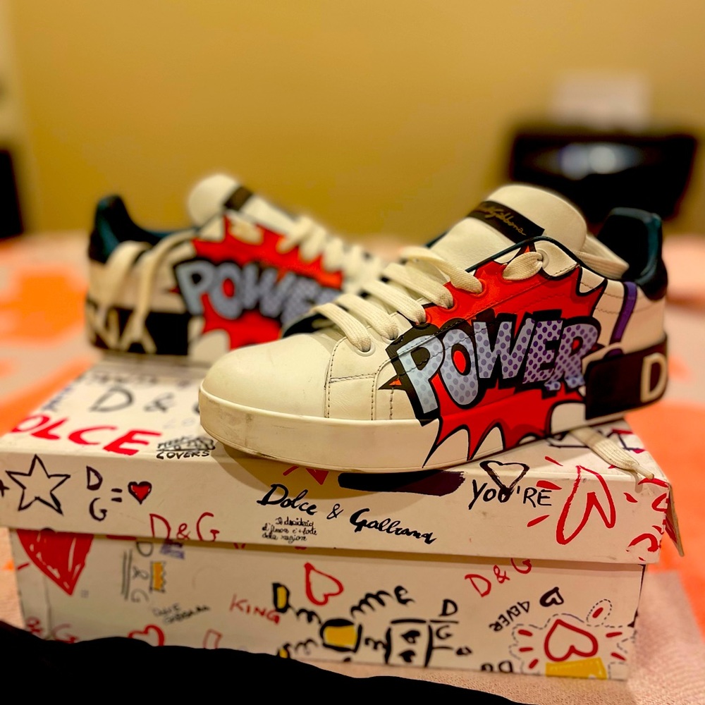 Dolce Gabbana Calfskin Portofino white sneakers with print size 7